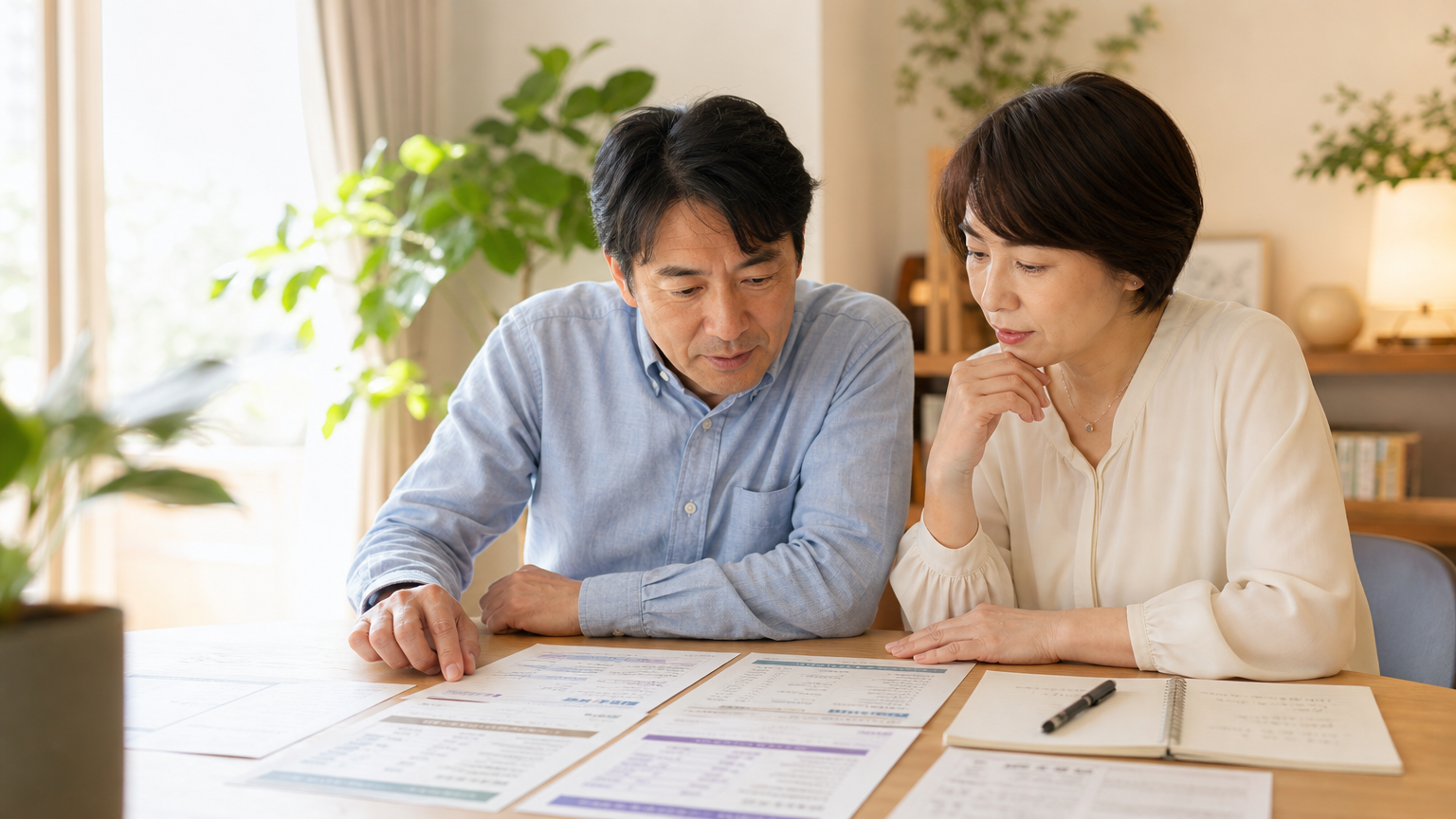 複数の葬儀社の見積書を見比べる50代夫婦