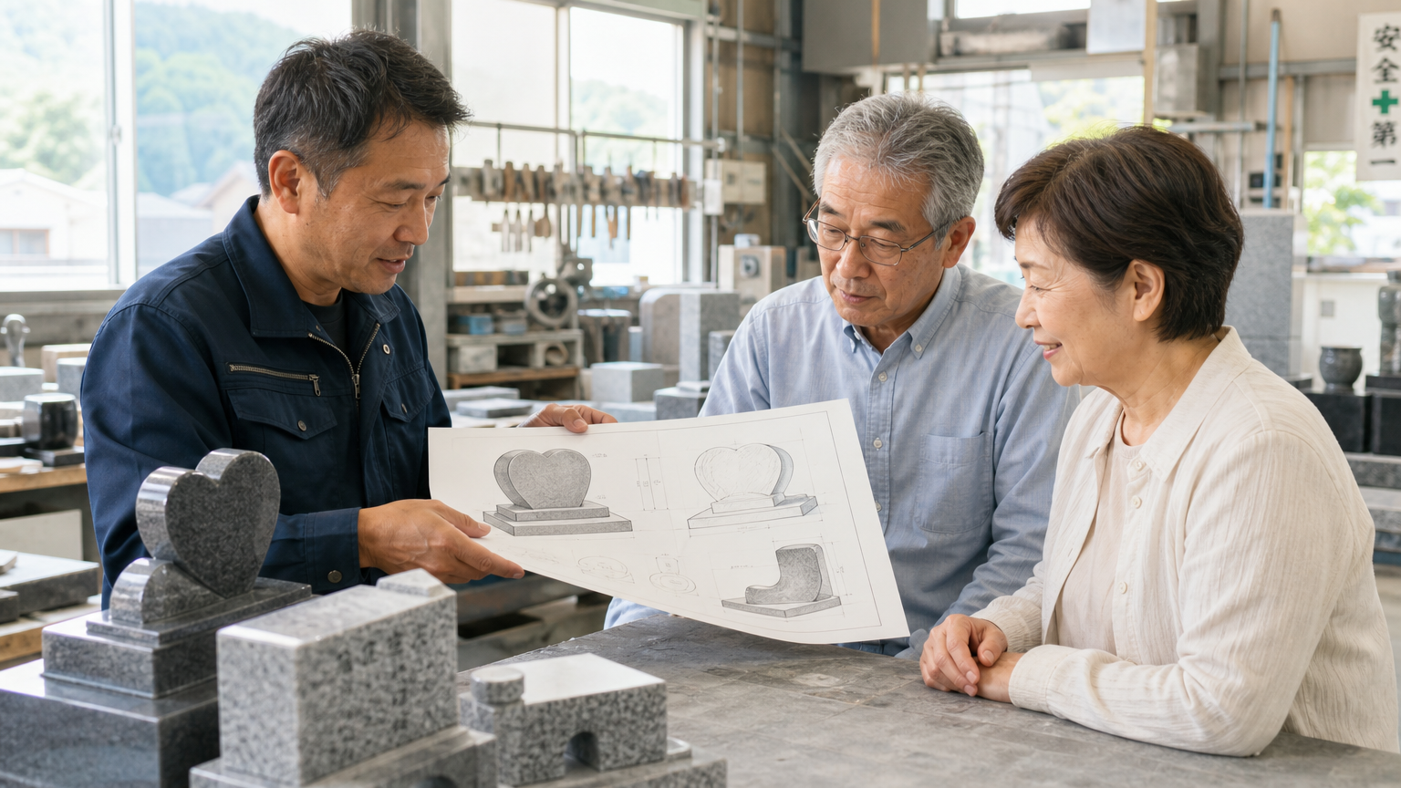 オリジナルデザインの墓石を石材店スタッフと相談する様子