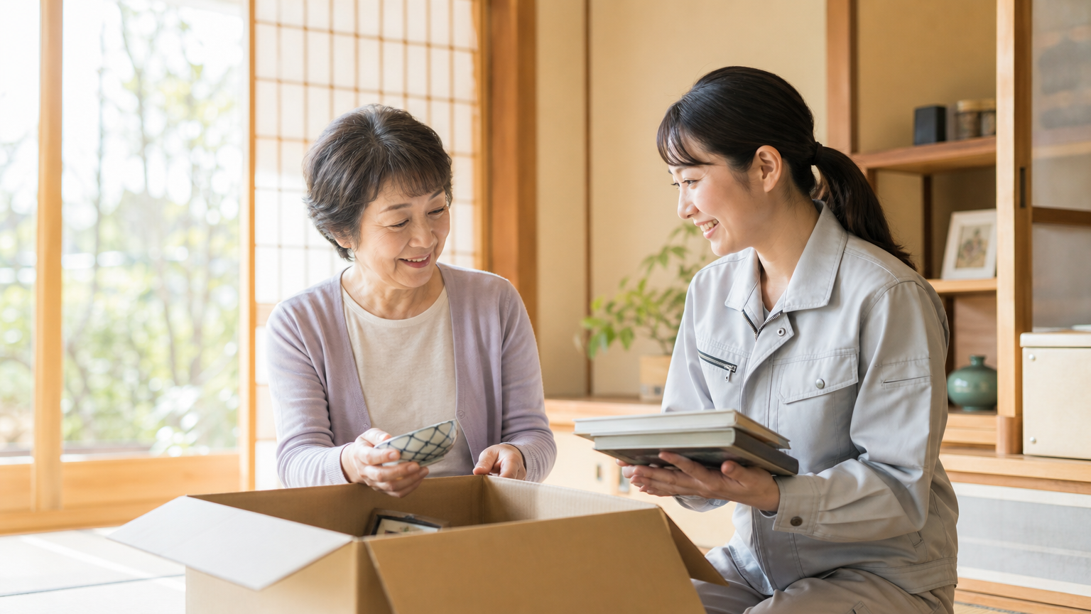 生前整理業者のスタッフと荷物の仕分けを行う高齢女性