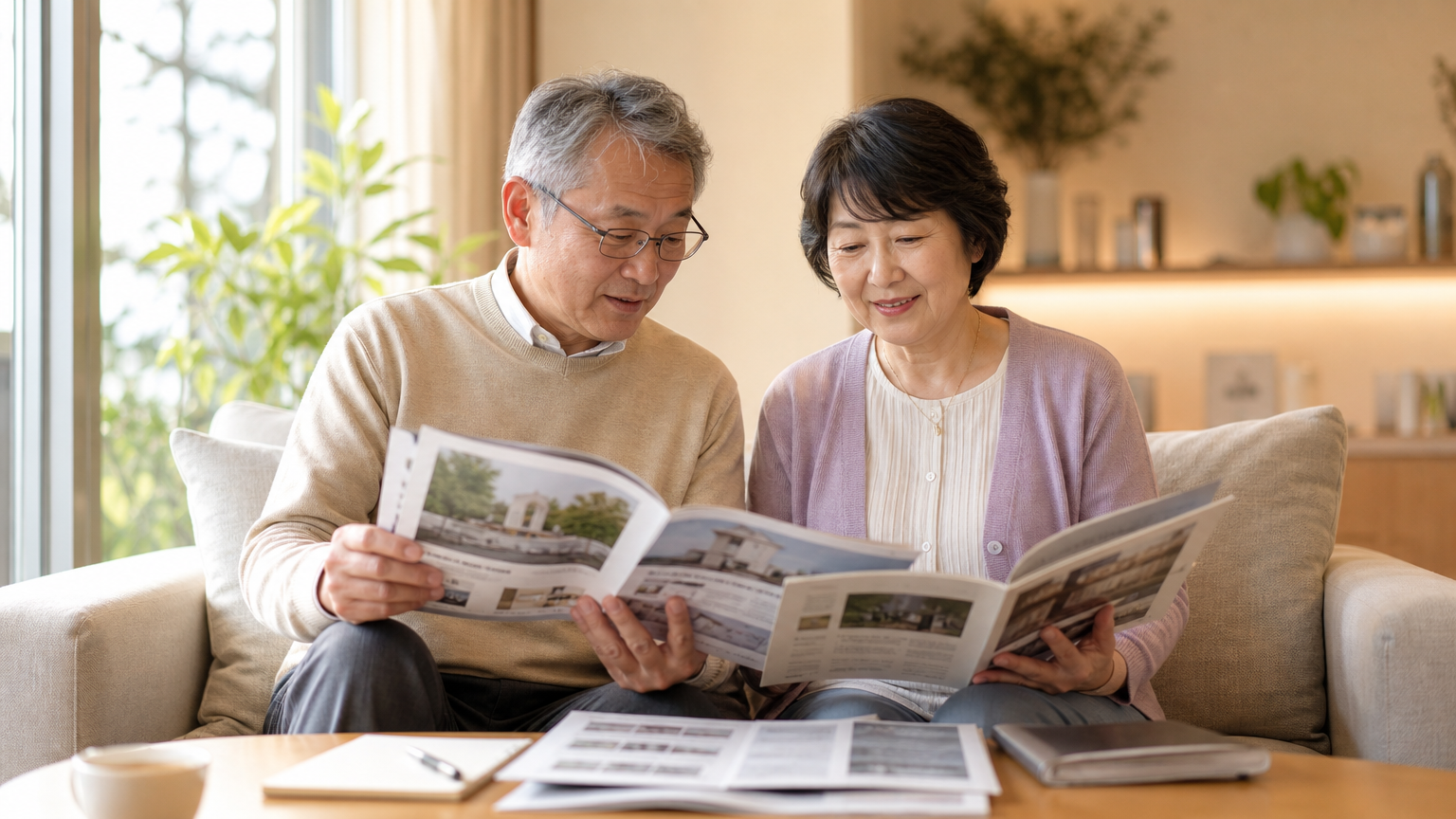 お墓のカタログを見比べる60代夫婦