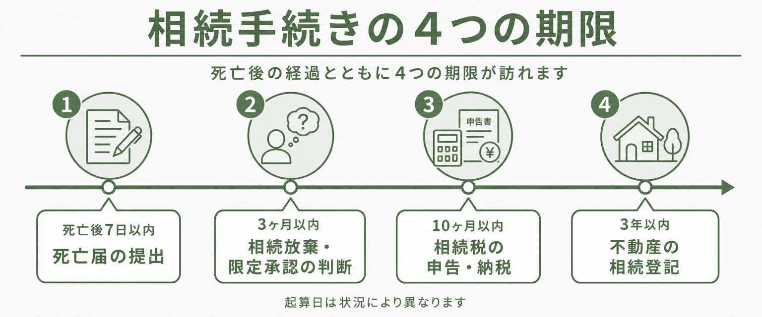 相続手続きの4つの期限を示すタイムライン図解