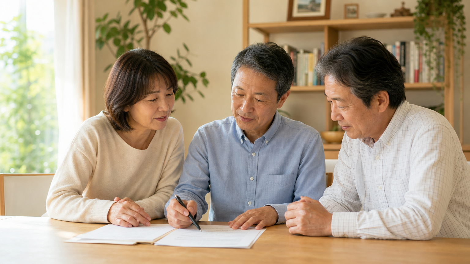 遺産分割協議で書類を確認し合う家族
