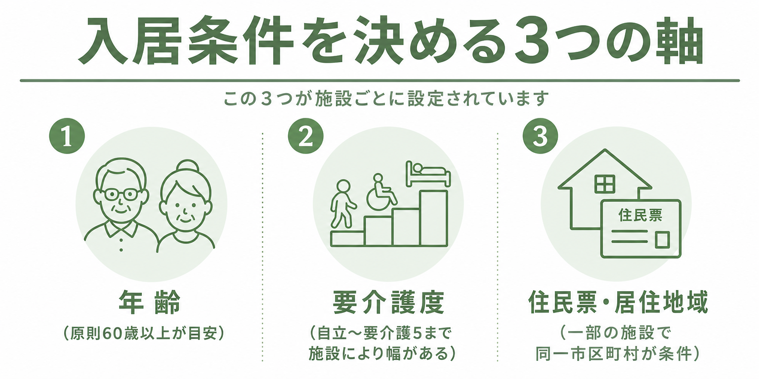 老人ホームの入居条件を構成する3つの軸を示す図解
