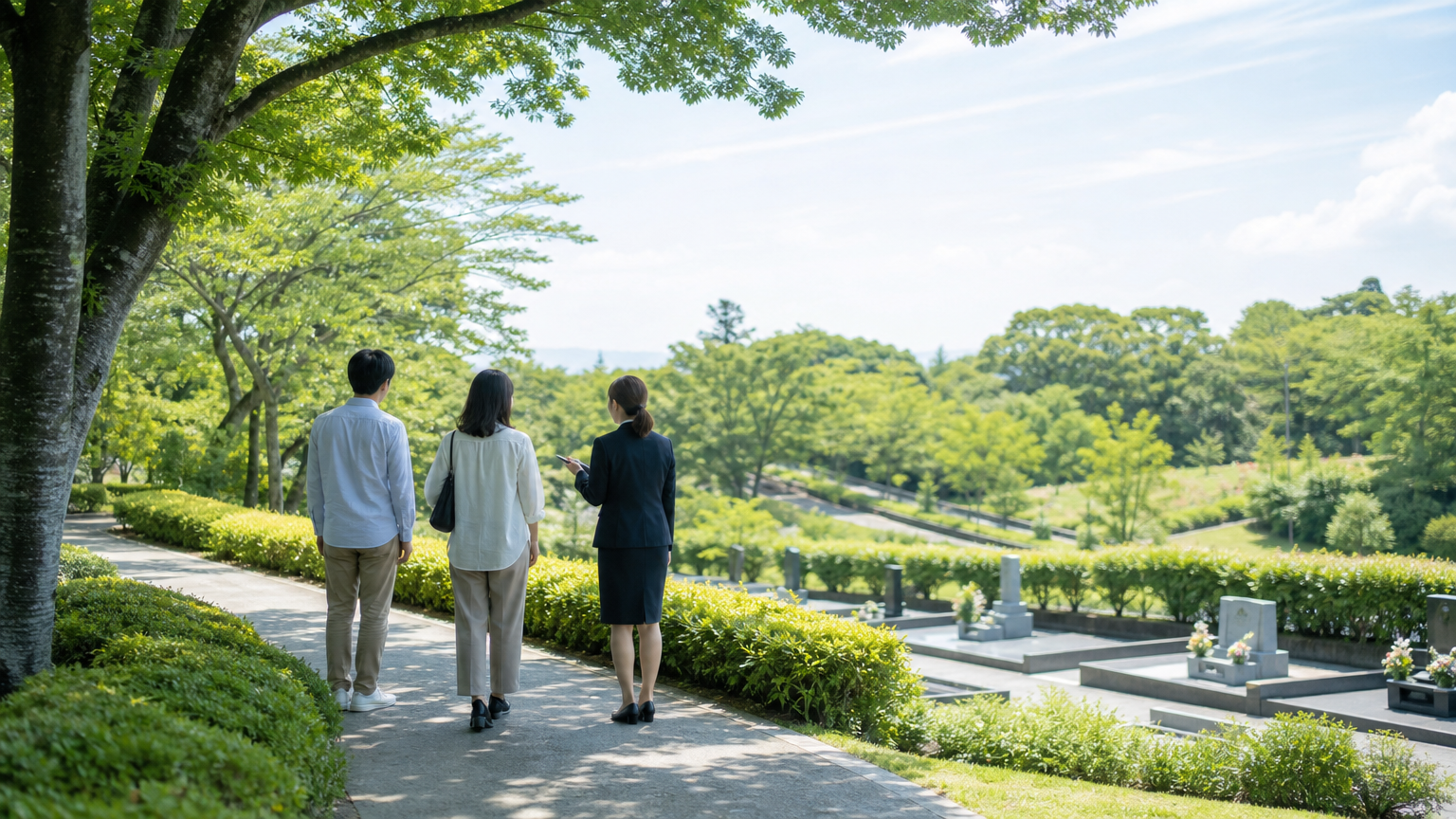 霊園を見学する家族
