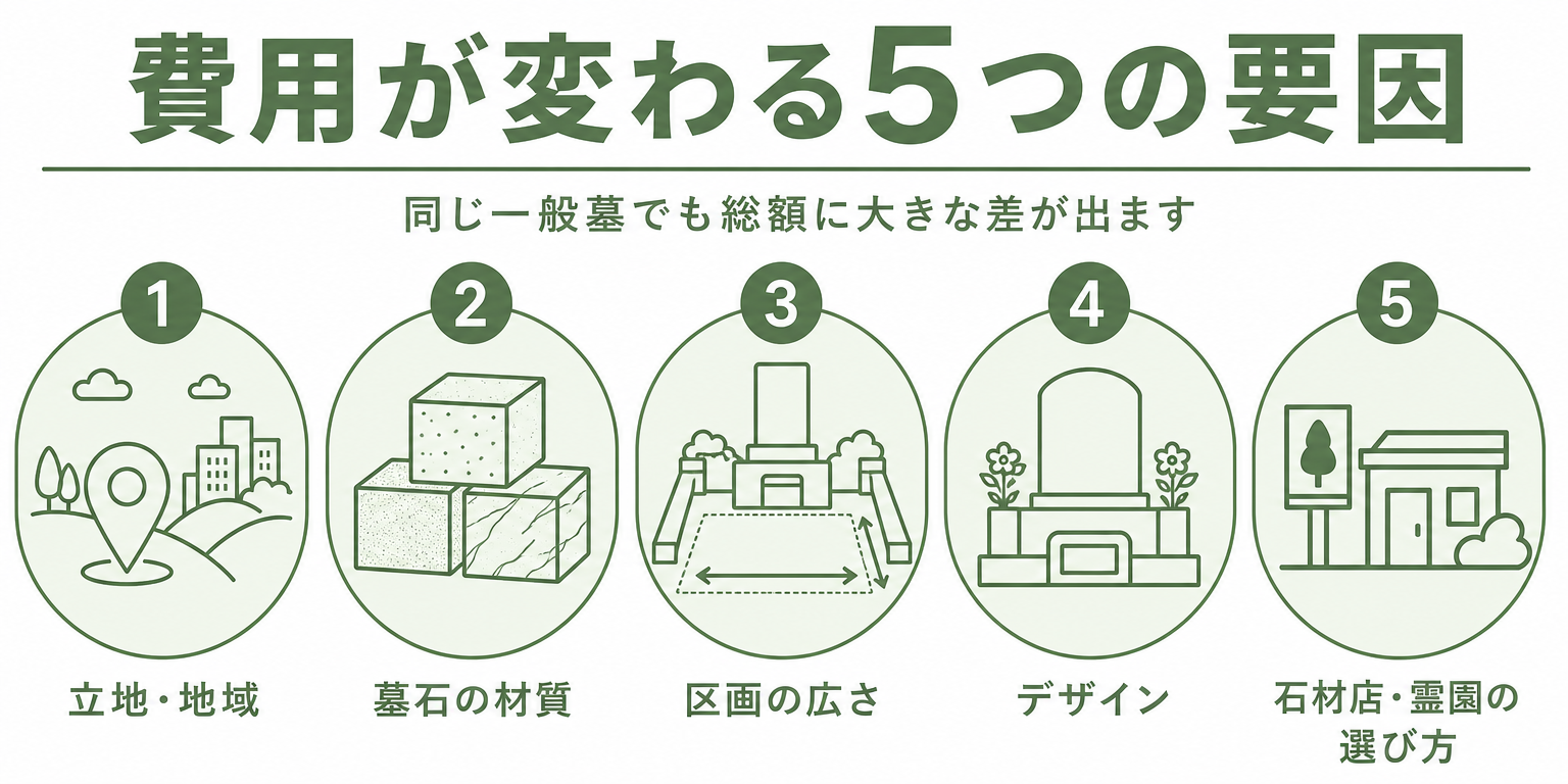 お墓の費用が変わる5つの要因を示す図解