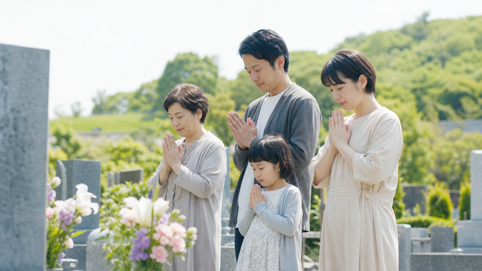3世代で墓前に手を合わせる家族