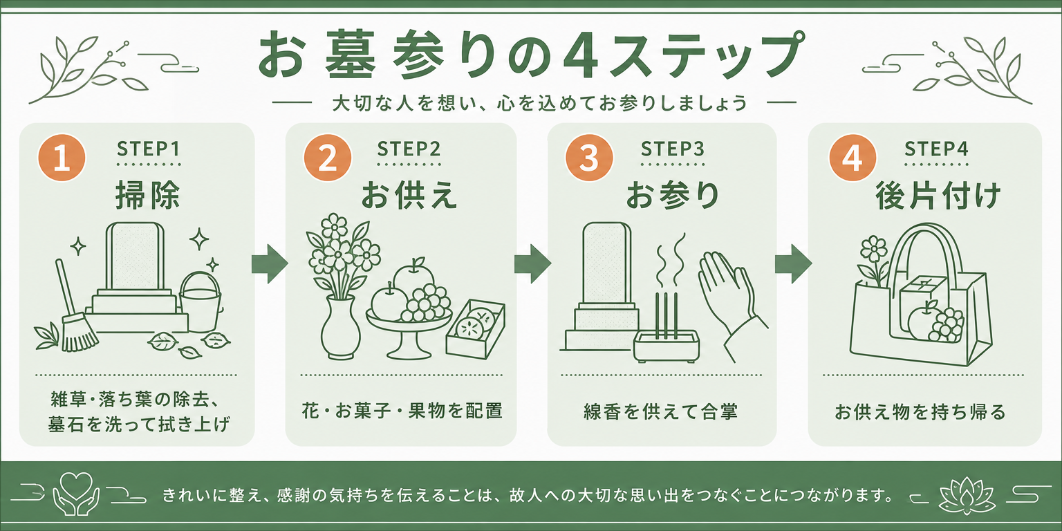 お墓参りの4ステップ手順図解