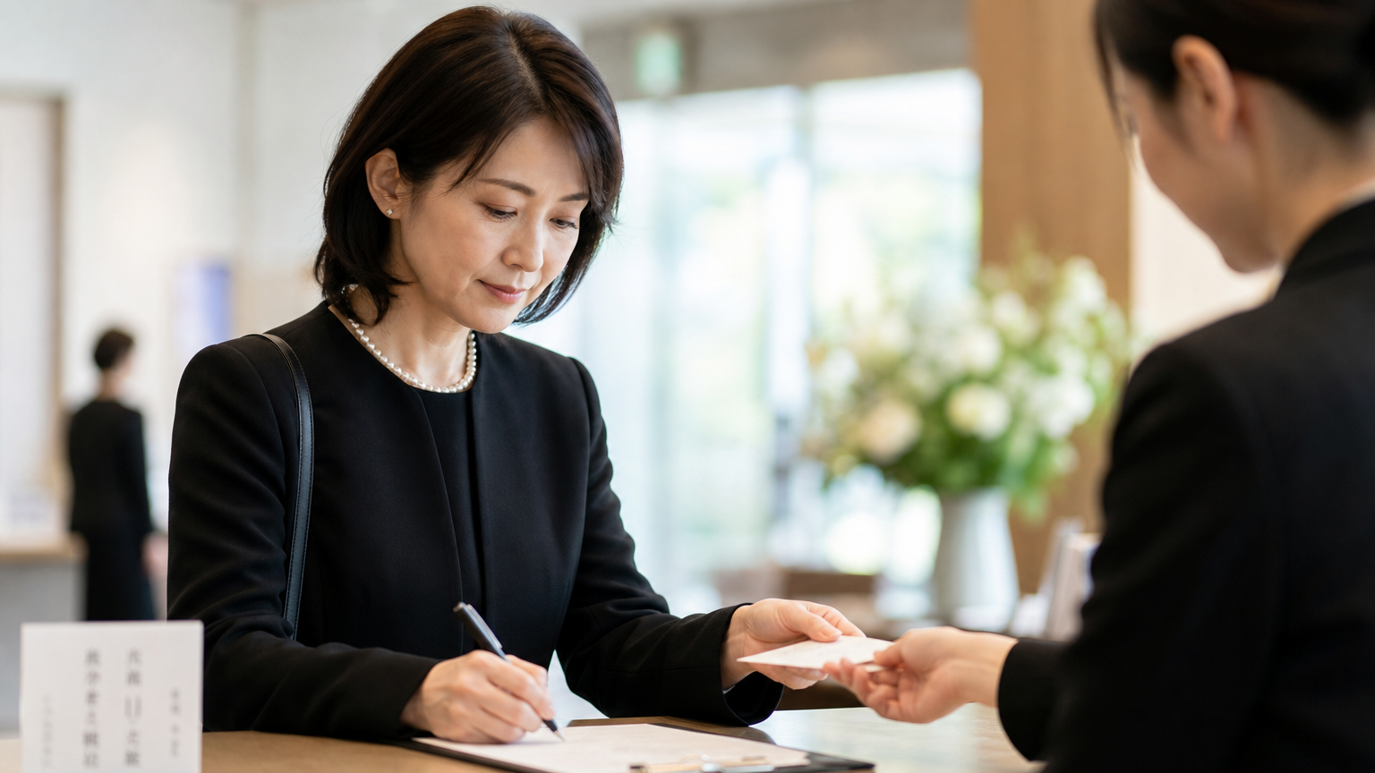 葬儀会場で記帳し香典を渡す女性