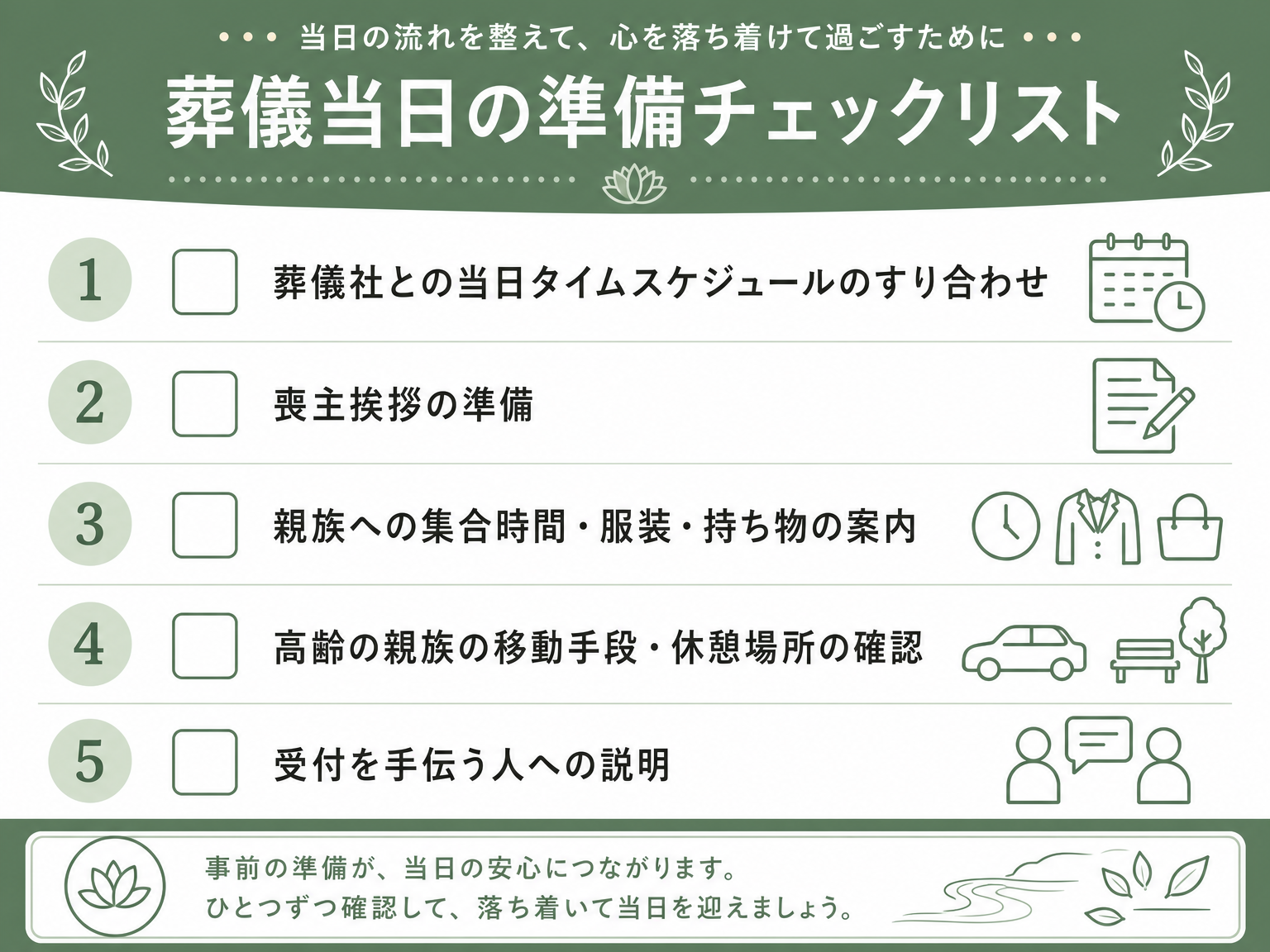 喪主が当日までに準備すること一覧