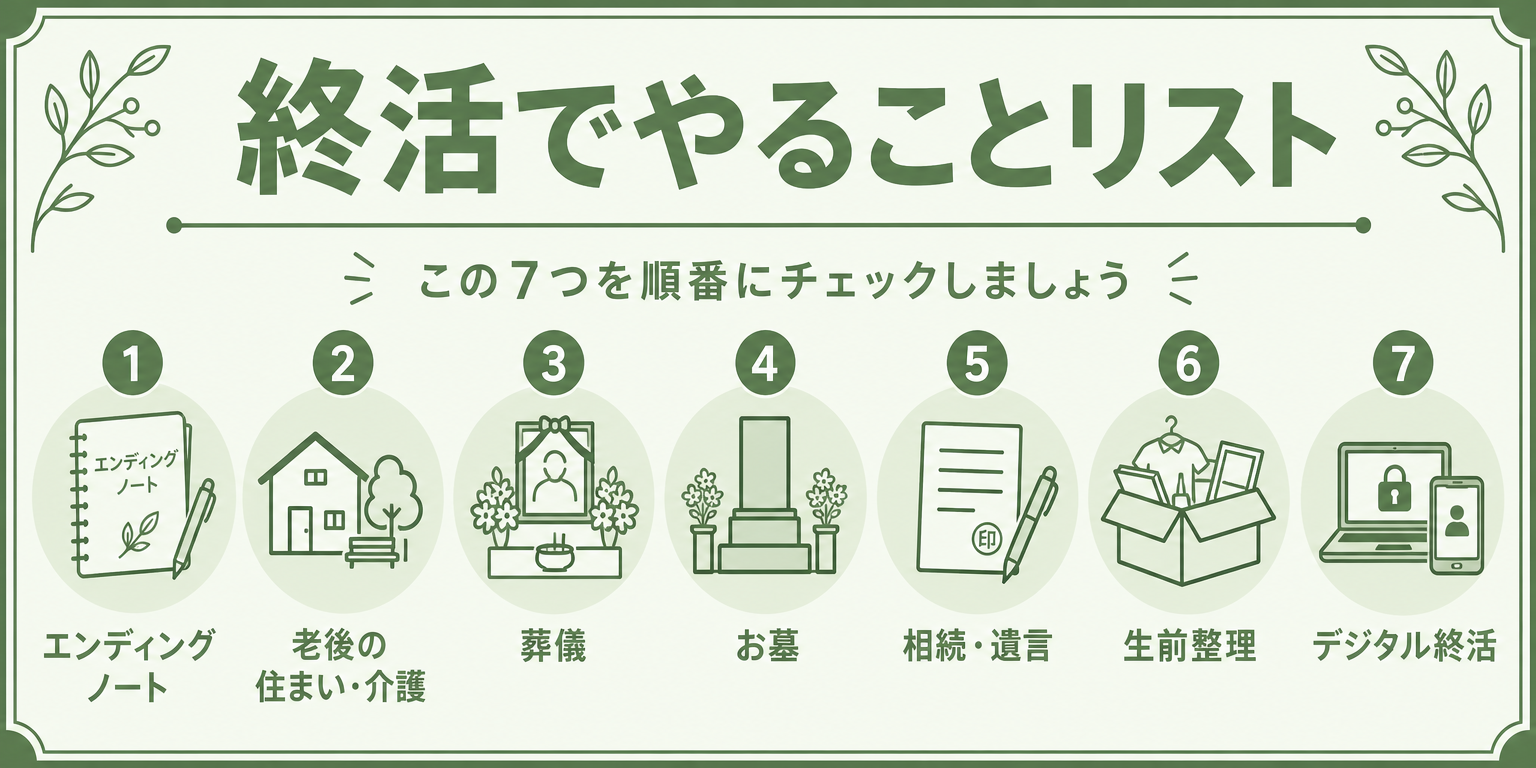 終活でやることリスト7項目のアイコン一覧図解