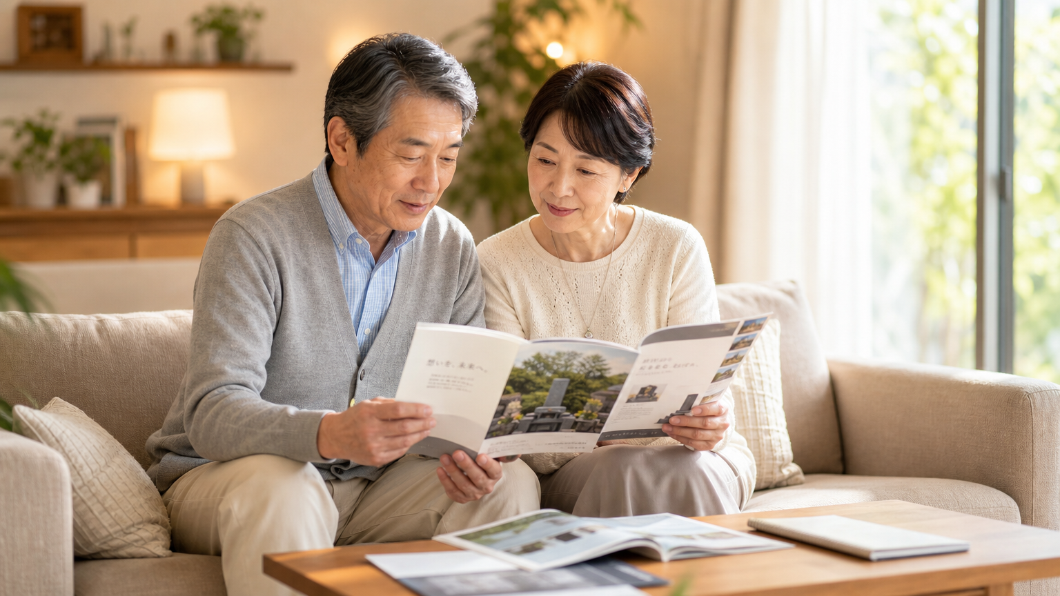 お墓のカタログを見比べる60代夫婦