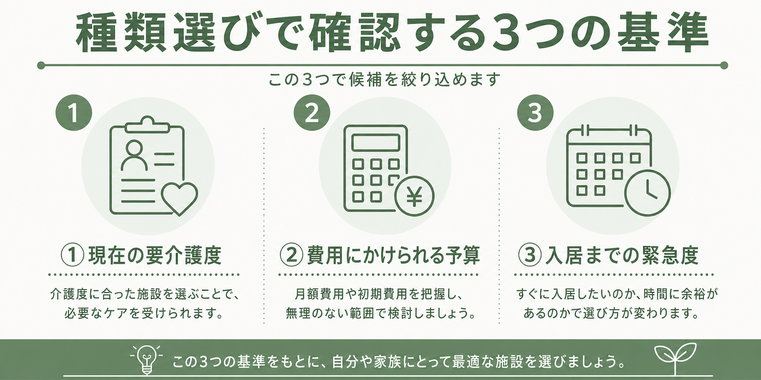 老人ホームの種類選びで確認する3つの基準を示す図解