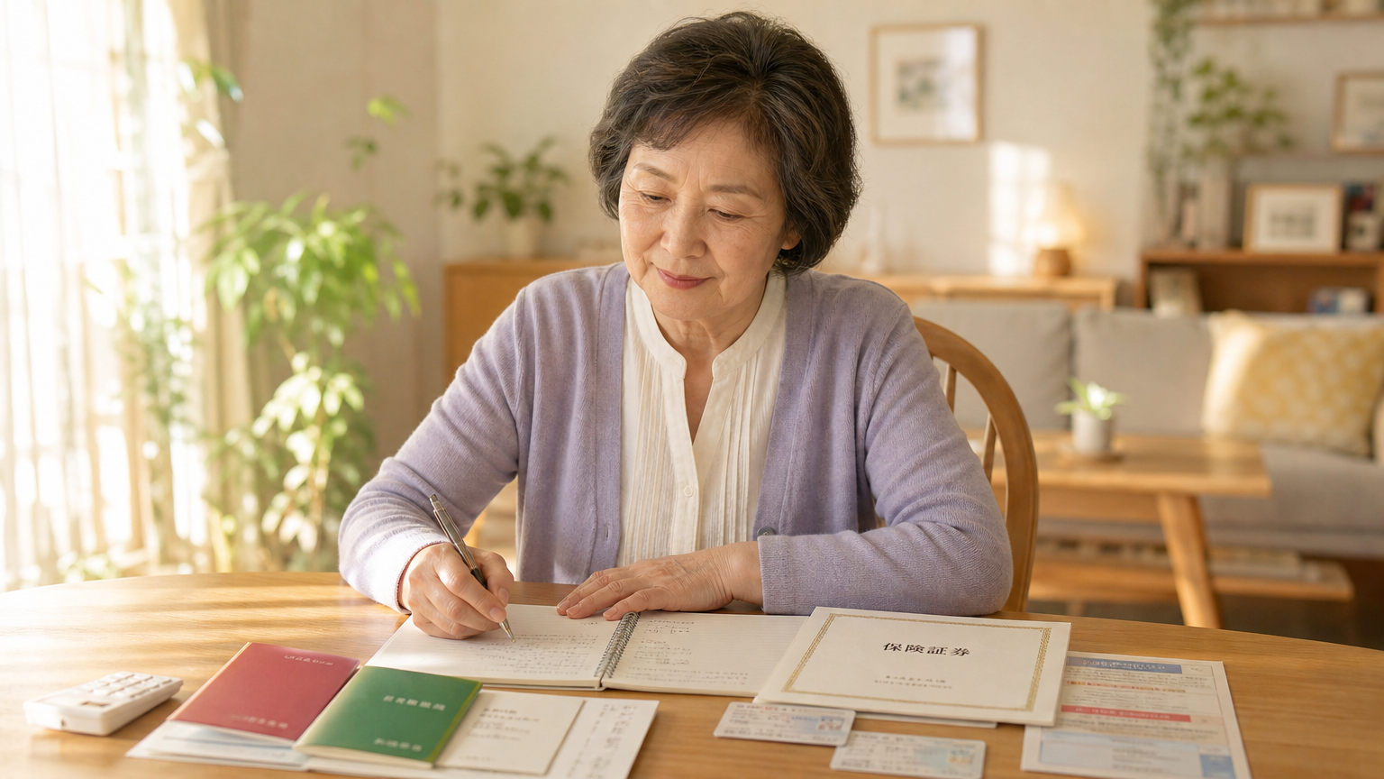 通帳や証券を一覧表にまとめる60代女性