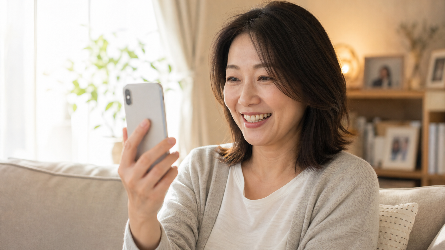 スマートフォンで親と通話する子世代の女性