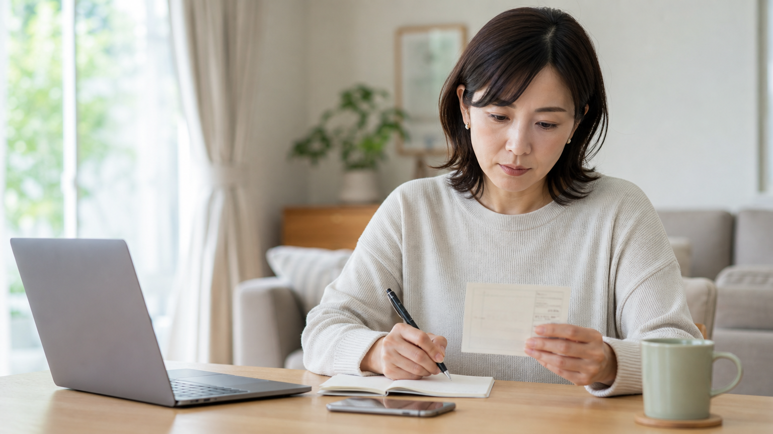 家族葬の案内状を確認する女性