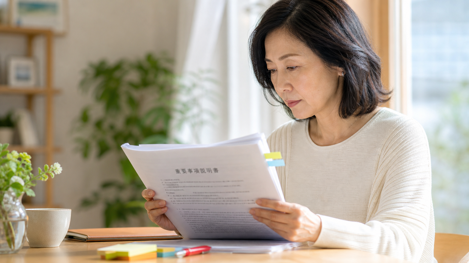 重要事項説明書を読み込む女性