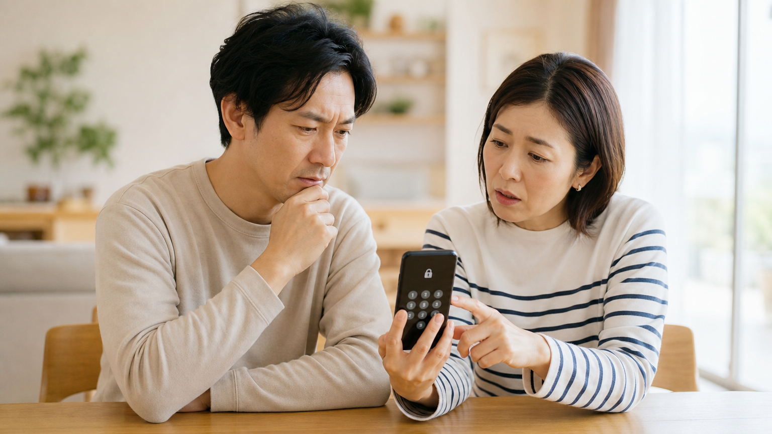 スマートフォンのロック画面を前に困る家族