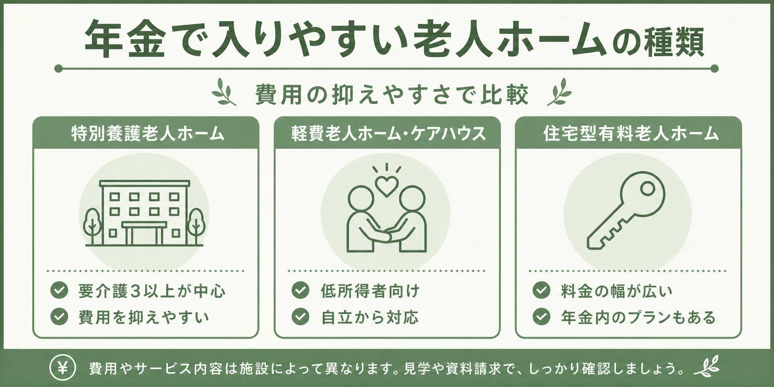 年金で入りやすい老人ホーム3種類を比較したアイコンリスト