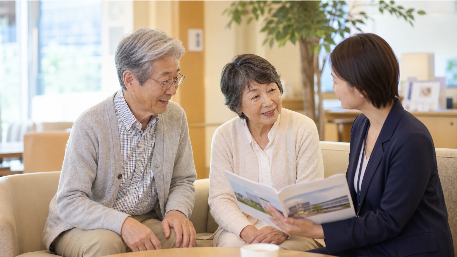 老人ホームの相談員と施設見学の説明を受ける高齢の夫婦