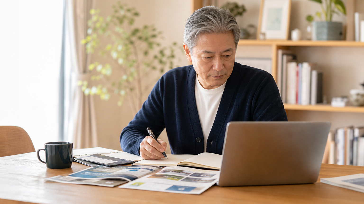 資料を見比べながらメモを取る50代男性